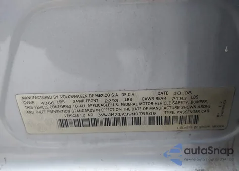 2009 Volkswagen Jetta S из США, поврежденный, VIN 3VWJM71K39M075509